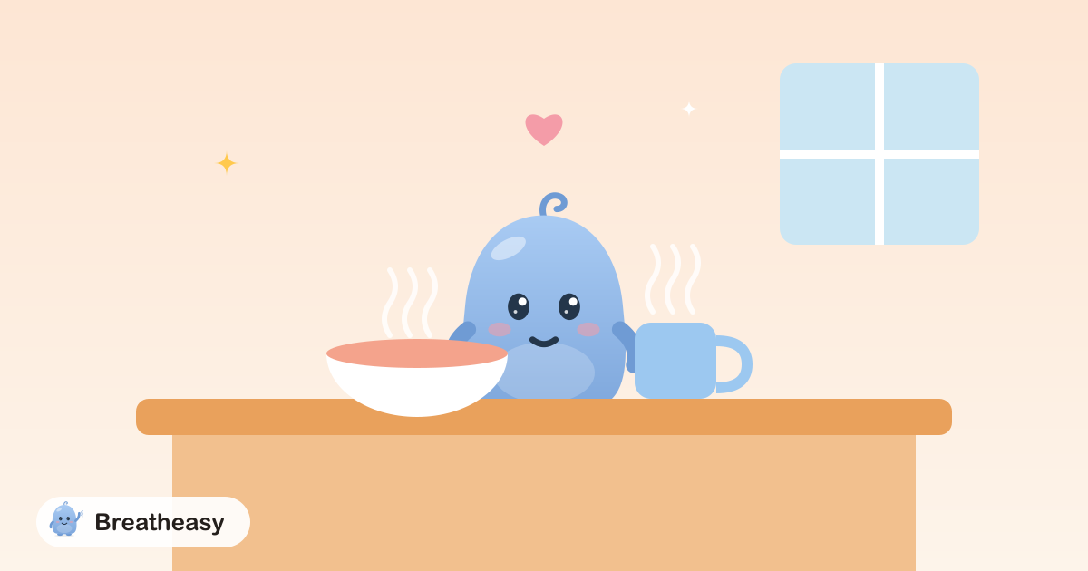 Luma sitting at a table with a bowl of soup and a cup of tea, looking calm, with a small heart floating above.