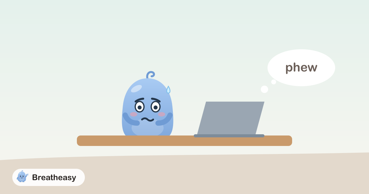 Luma with puffed-out cheeks holding its breath in front of a laptop, then a little cloud of breath floating out.