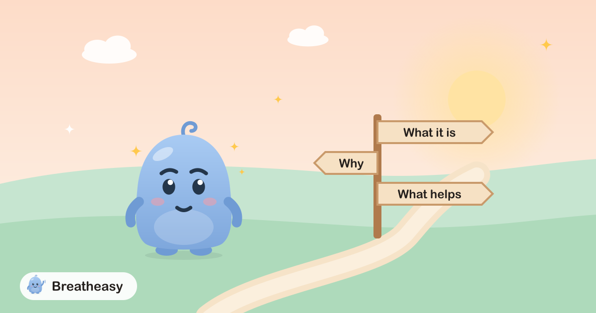 Luma standing at the start of a winding path through green hills, next to a signpost pointing to “What it is”, “Why” and “What helps”.