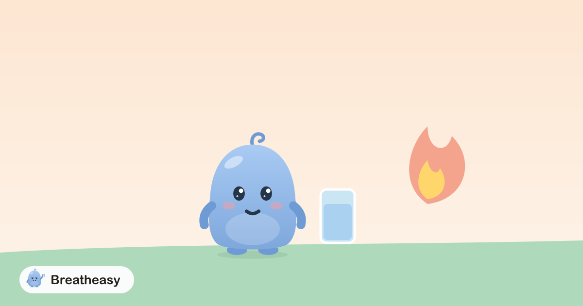 Luma holding a glass of water next to a small flame symbol, looking calm.