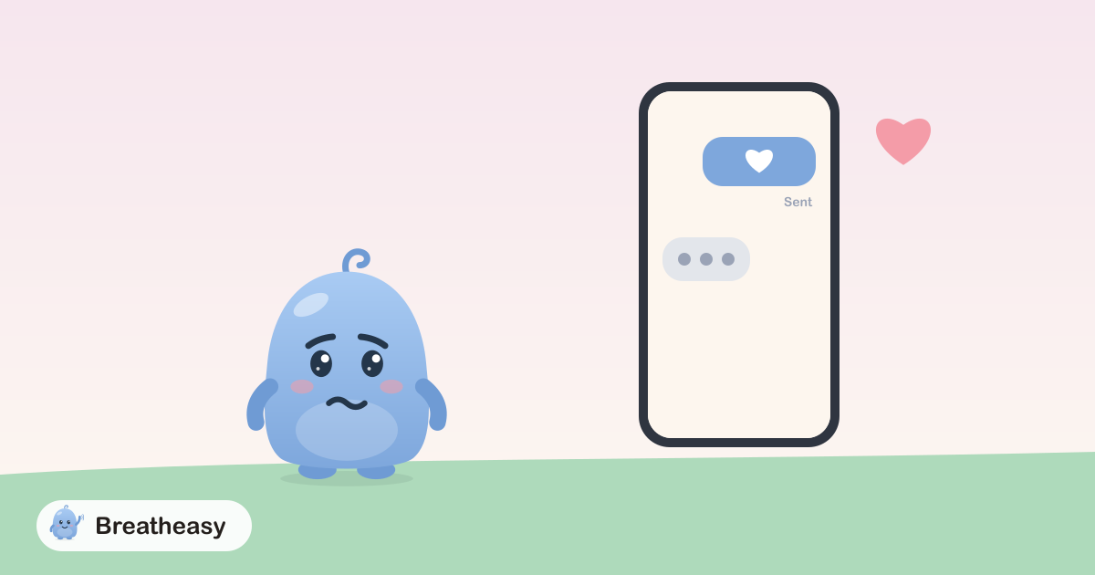 A slightly worried Luma next to a big phone showing a sent message with a heart and a typing bubble with three dots.