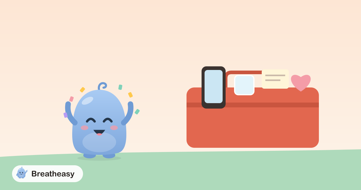Luma next to an open toolbox full of calming things: a phone, an ice cube, a little card, headphones and a heart.