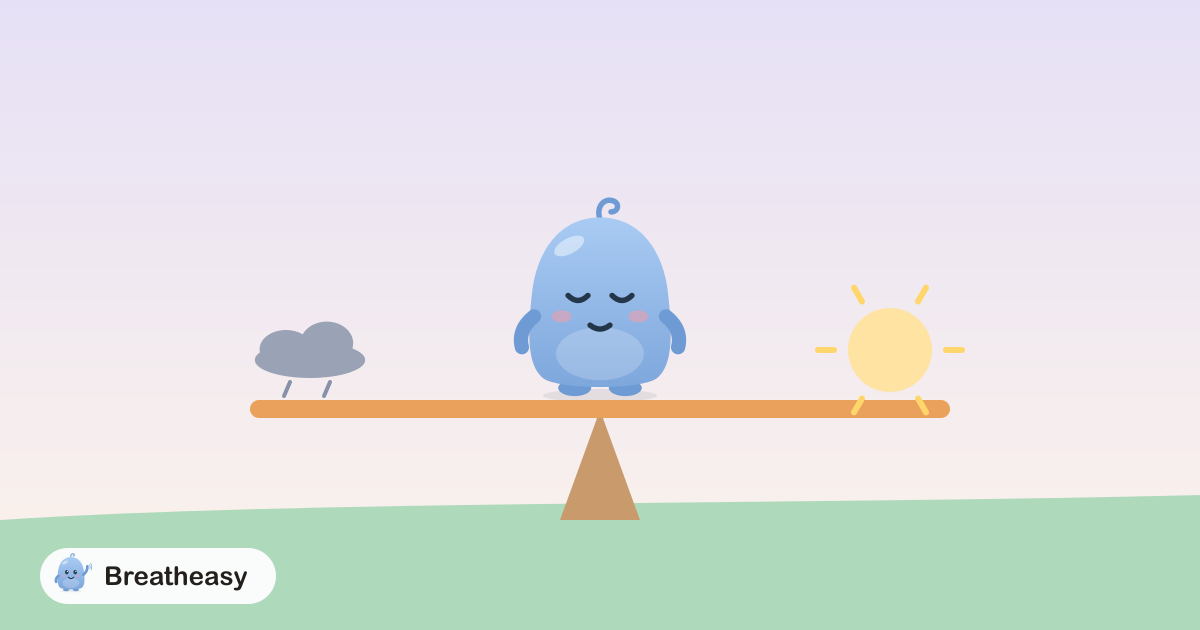 Luma balancing calmly on a gentle seesaw, with a small storm cloud on one end and a sun on the other.