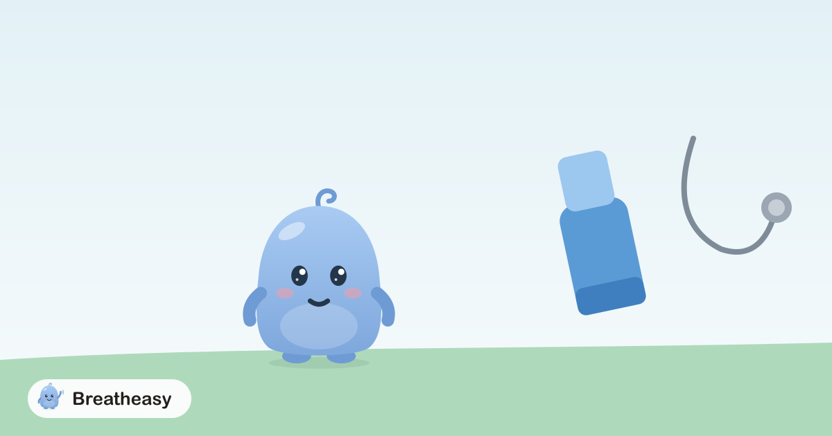 Luma next to a blue inhaler and a small stethoscope, looking calm and curious.