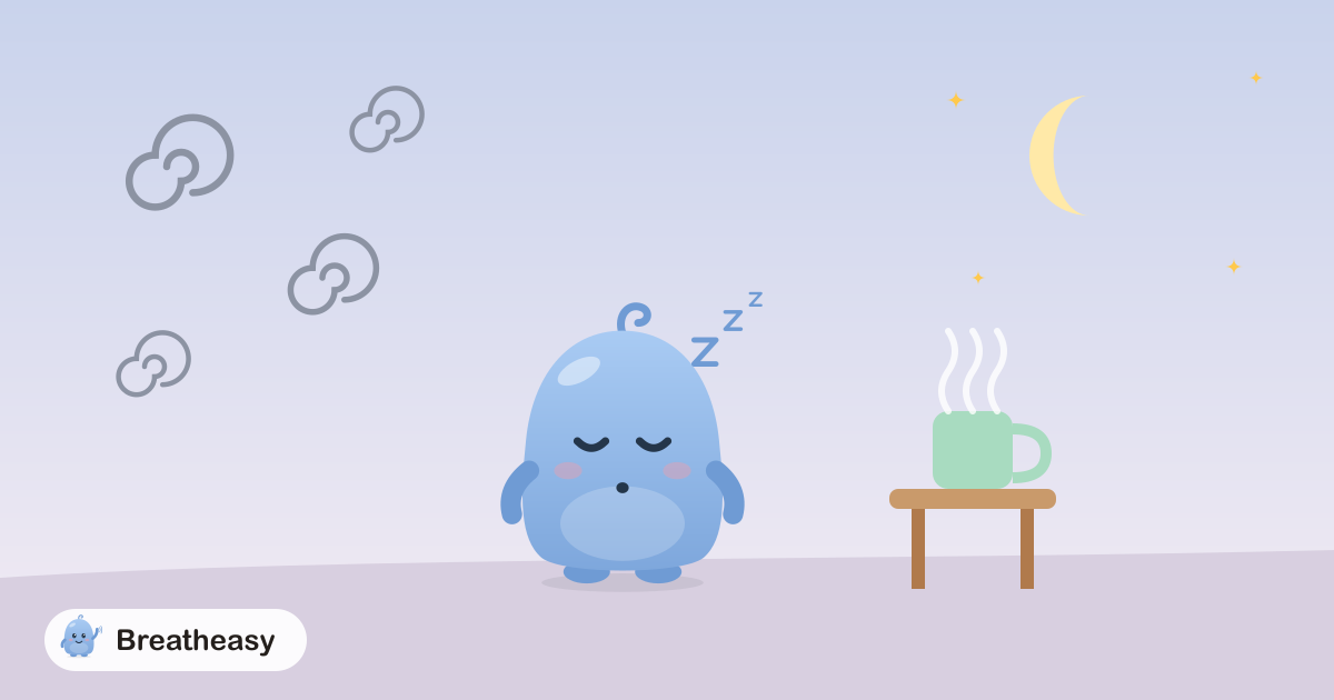 A sleepy Luma between grey worry swirls on one side and a calm evening sky with a crescent moon on the other, beside a mug of tea.