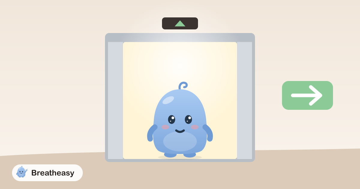 Luma standing calmly inside a bright lift with its doors wide open, next to a green arrow pointing the way out.