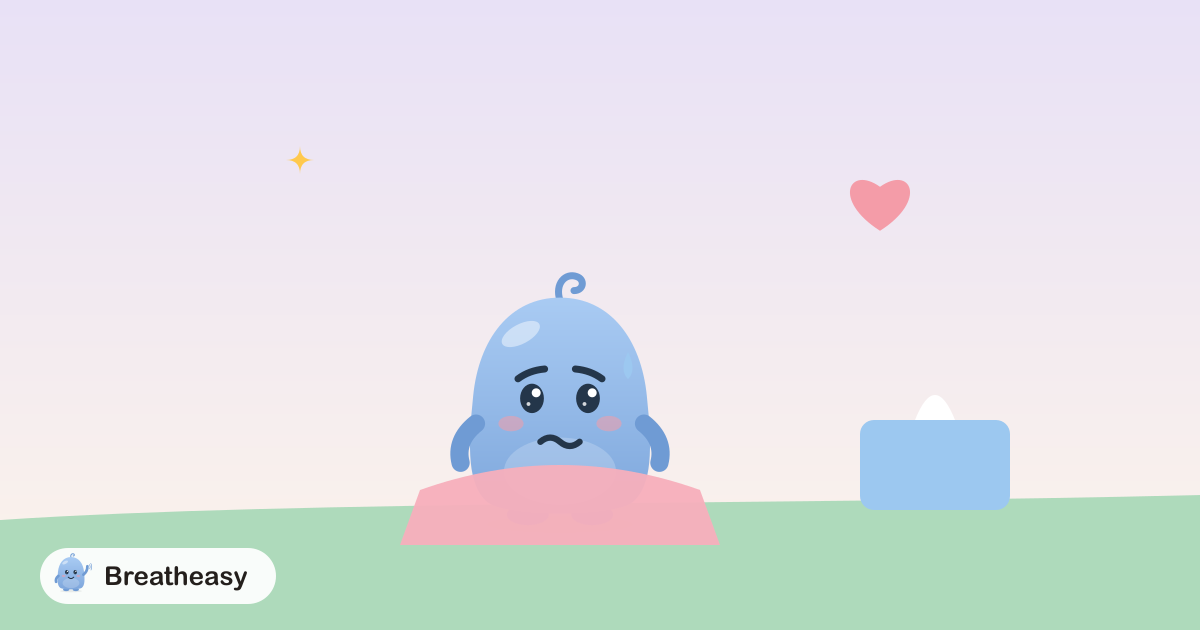 Luma with a single tear, wrapped in a soft blanket, with a small heart and a box of tissues nearby.