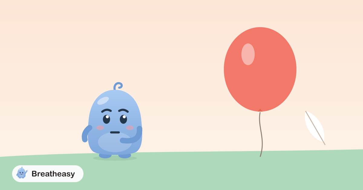 Luma looking puzzled next to a big puffed-up balloon, with a small, calm feather floating beside it.