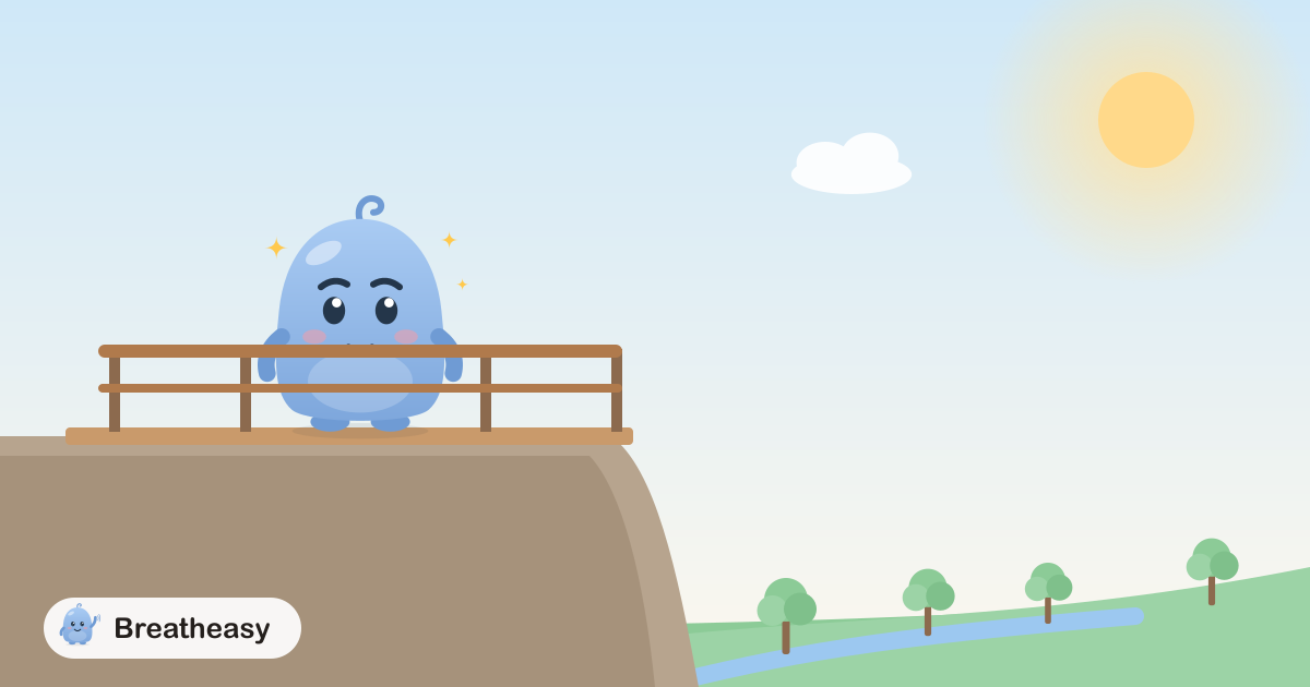 Luma standing on a safe, railed viewing platform high on a cliff, looking out over a wide, sunny valley.