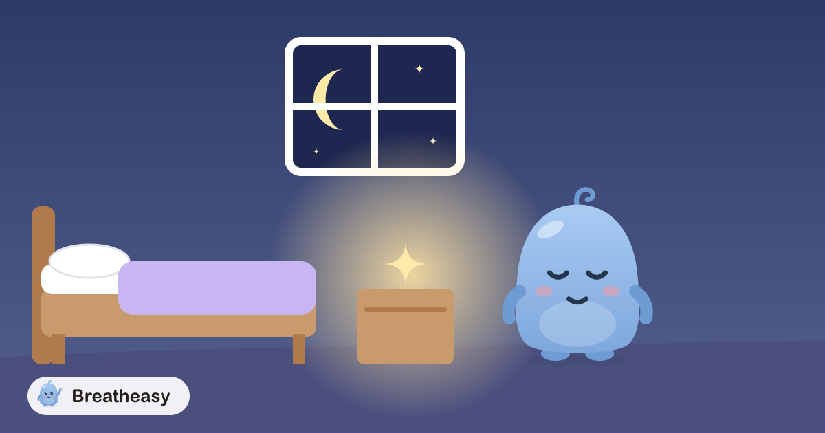 Luma standing calmly in a dark bedroom beside a glowing star nightlight, with a crescent moon and stars in the window.