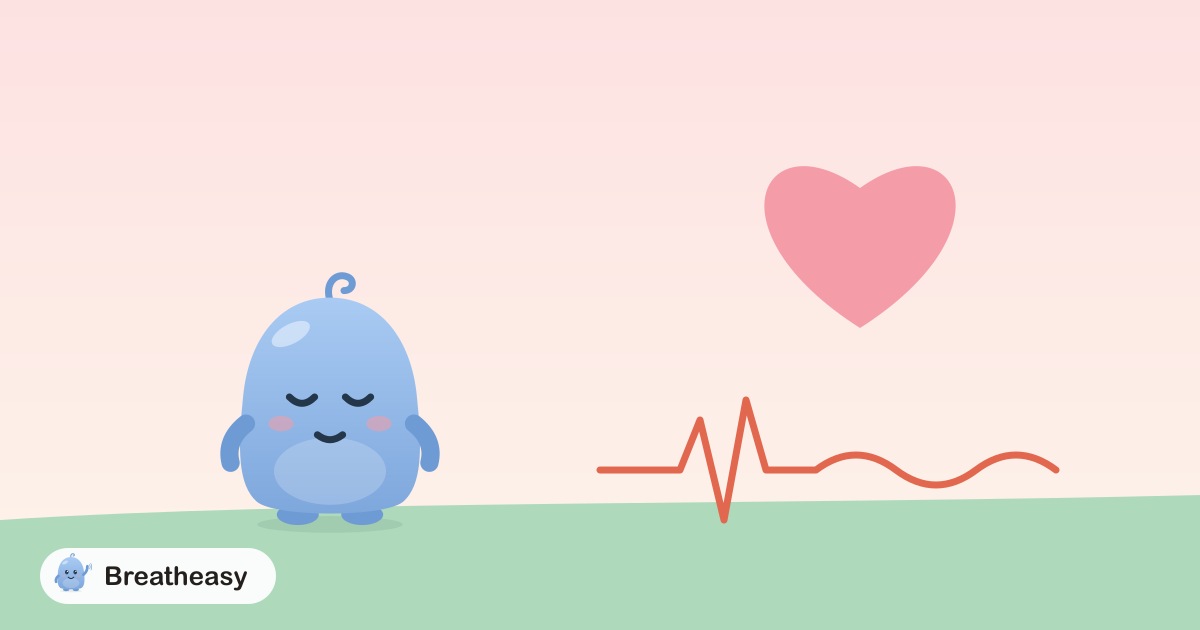 Luma holding a big pink heart with a gentle heartbeat line that starts fast and then slows into calm waves.