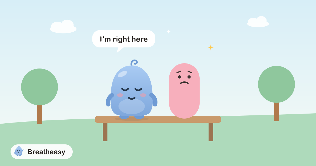 Luma sitting beside a worried friend on a bench, breathing slowly together, with a speech bubble that says “I’m right here.”