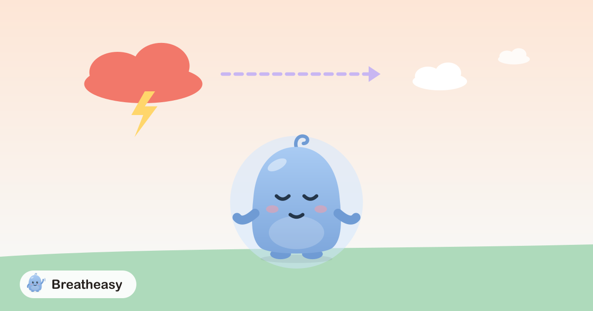 Luma breathing out slowly beneath a red storm cloud, with an arrow showing it turning into small, soft white clouds.