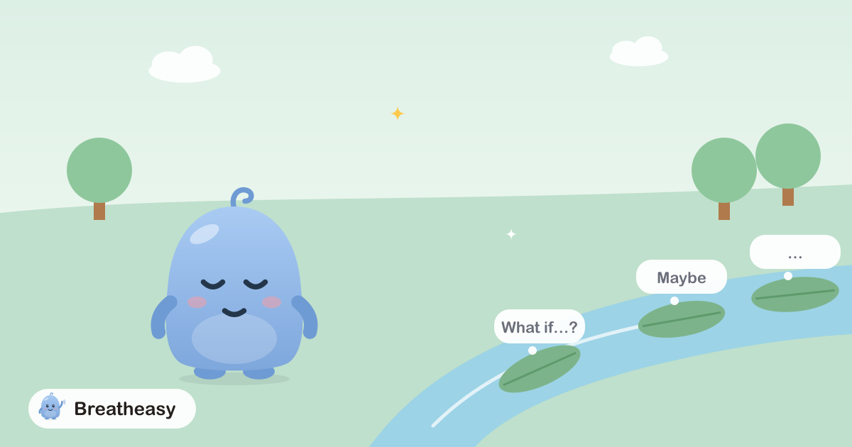 Luma sitting calmly by a stream, watching leaves float past with small thought bubbles resting on them.