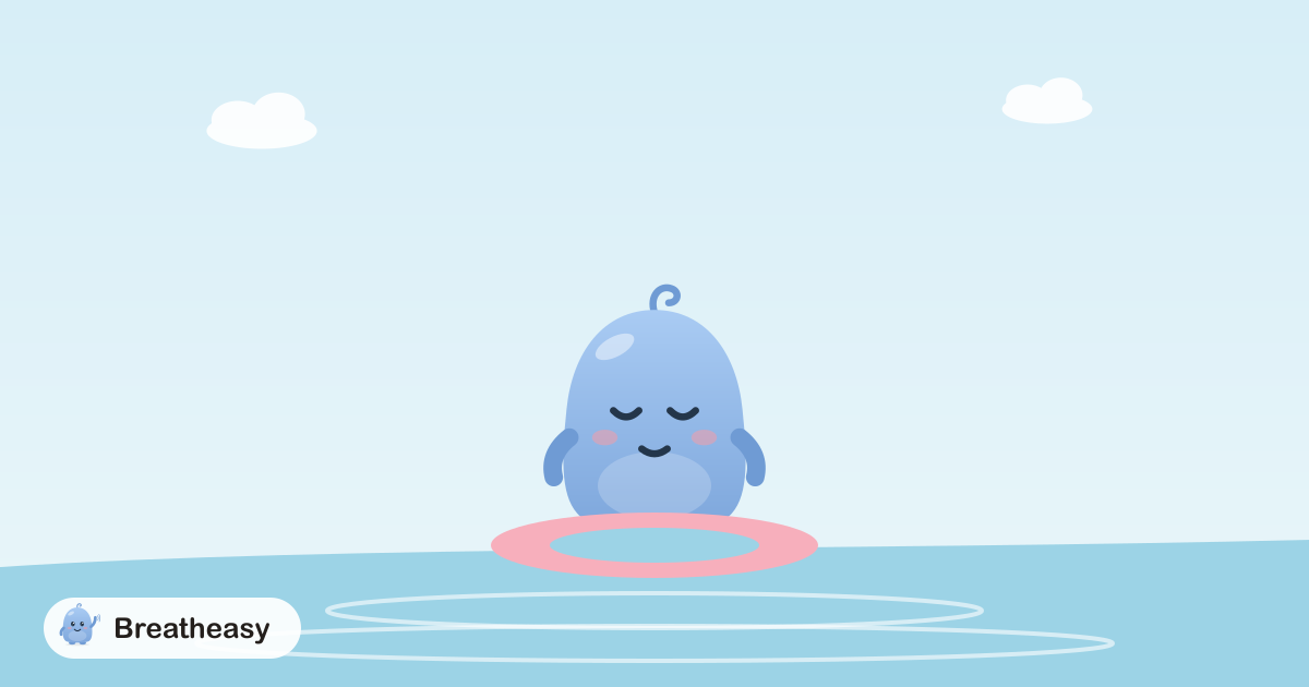 Luma floating peacefully on a calm lake, eyes closed, with gentle ripples spreading out.