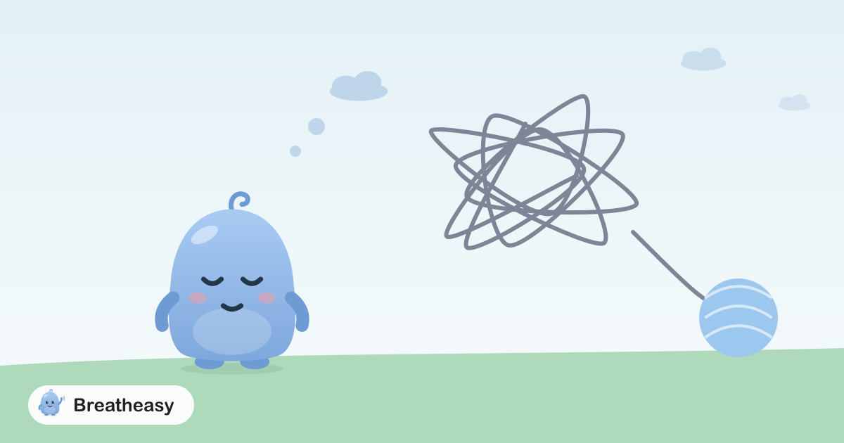 Luma standing calmly next to a big tangled knot of thoughts that unwinds into a neat ball of yarn, as small thought clouds drift away.