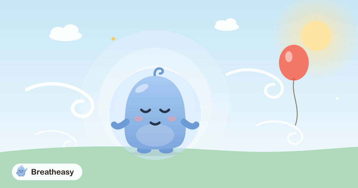 Luma breathing slowly under a soft blue sky, with gentle swirls of air and a red balloon floating upwards.