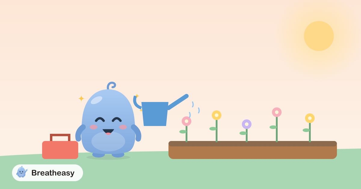 Luma watering a row of flowers in the sunshine, with a watering can and a little toolbox nearby.