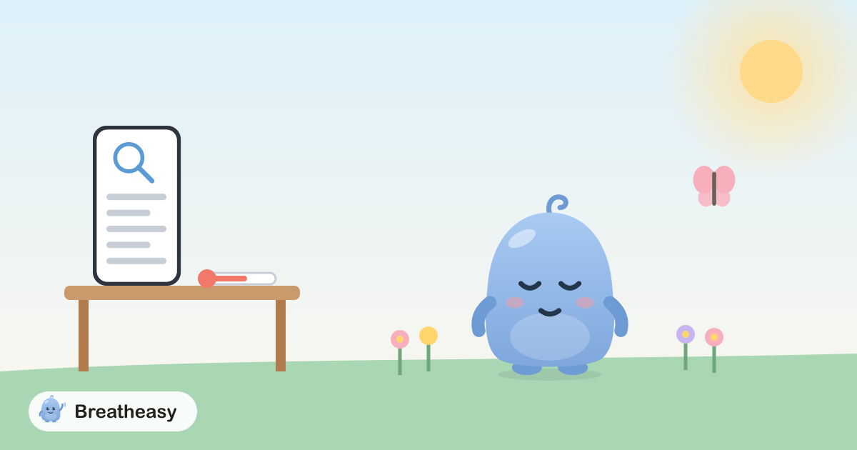 Luma standing calmly in a sunny garden with flowers and a butterfly, away from a table with a phone full of symptom searches and a thermometer.