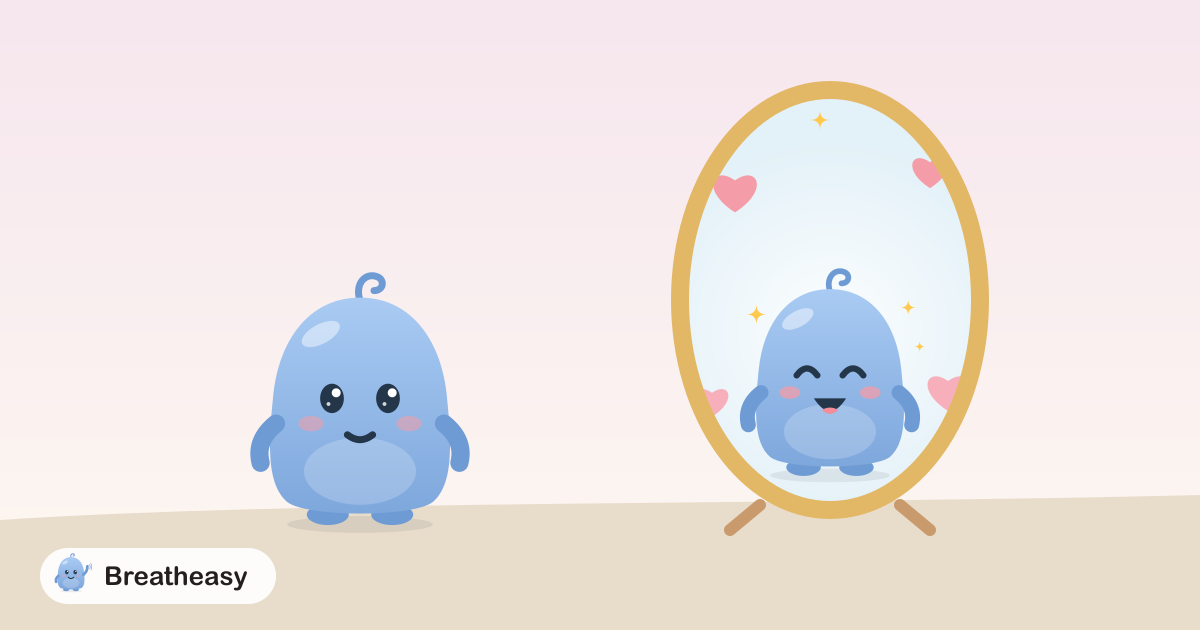 Luma standing in front of a tall mirror, where the reflection shows a happy, smiling Luma surrounded by small hearts.