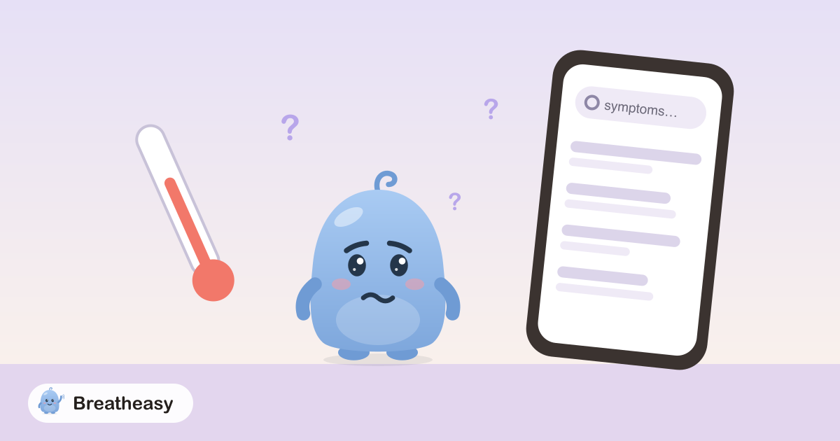 Luma sitting with a thermometer and a phone showing a search bar, surrounded by small question marks, looking worried.