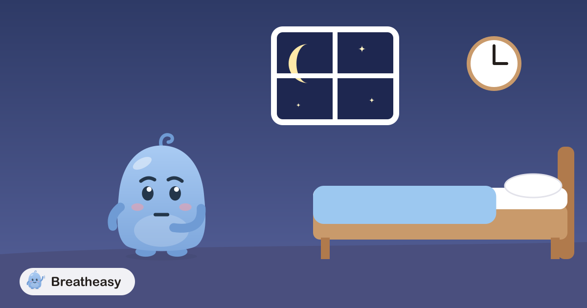 Luma wide awake beside a cosy bed at night, with a clock showing 3 o’clock and a crescent moon and stars in the window.