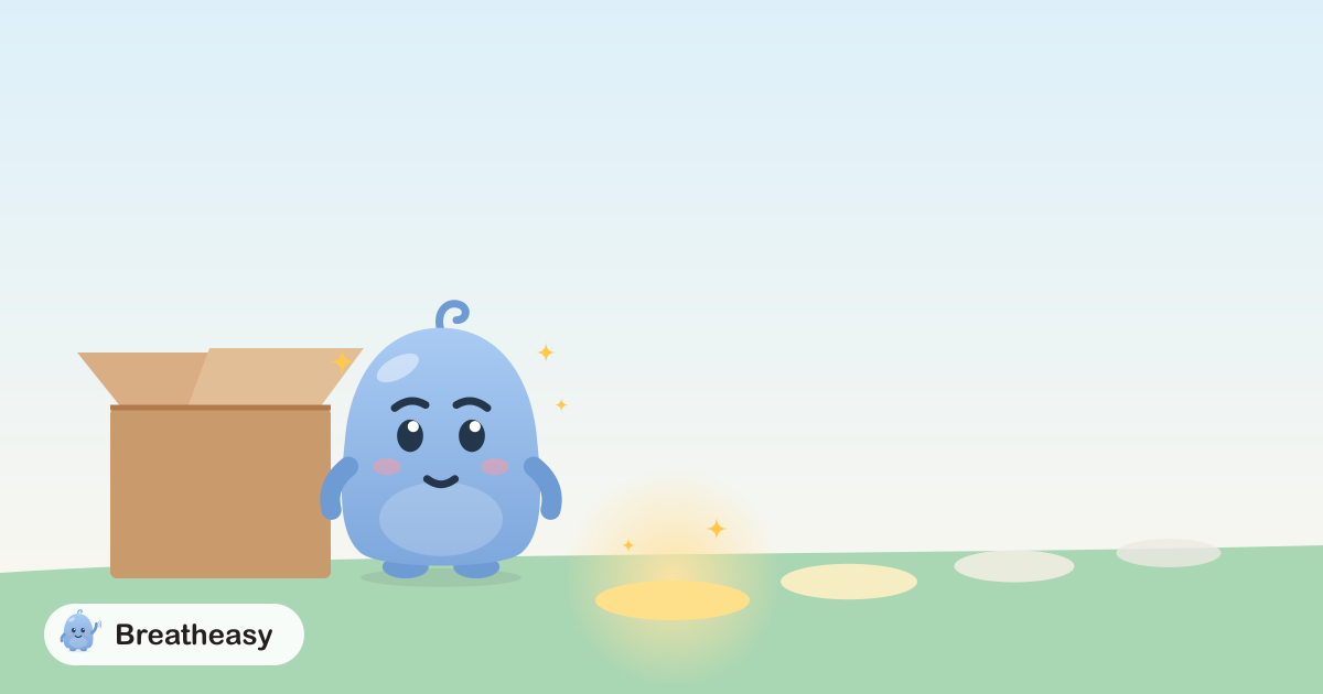 Luma standing beside an open cardboard box, at the start of a path of stepping stones, with the nearest one glowing softly.