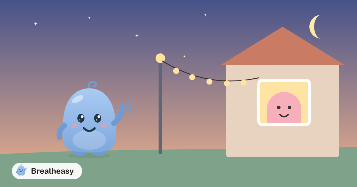 Luma waving at dusk to a friendly neighbour in a lit-up window across the street, with a string of warm lights between them.