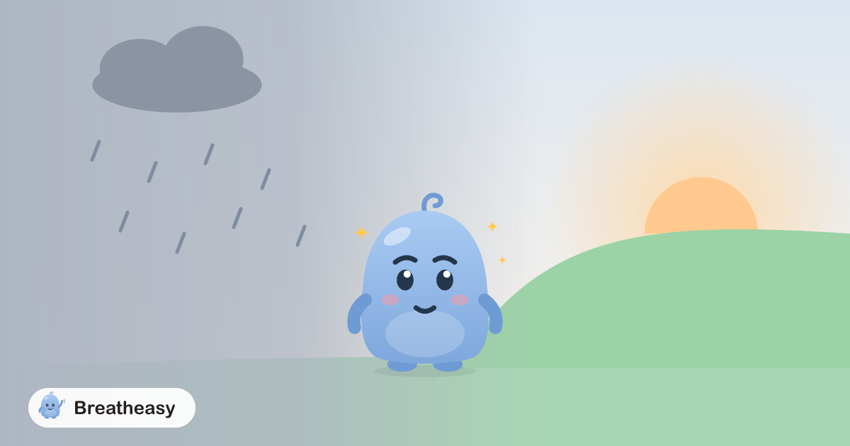 Luma standing where a grey, rainy sky gives way to warm sunshine over green hills.