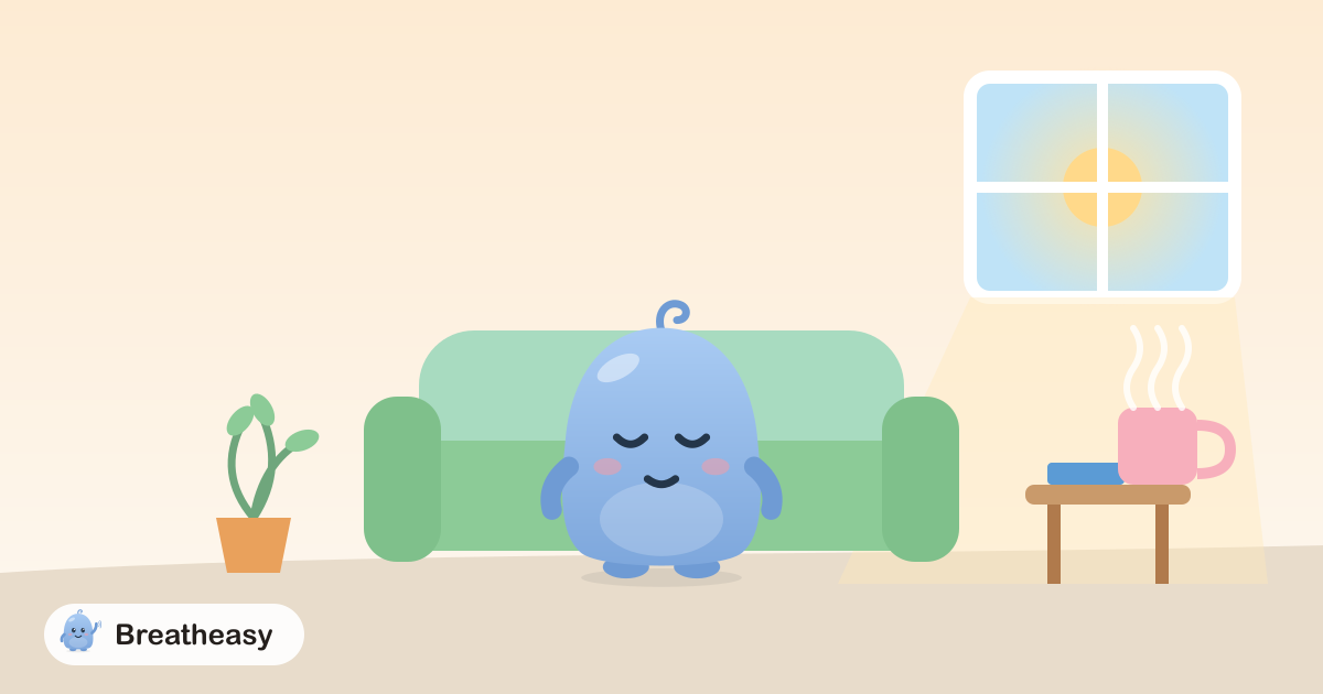 Luma standing peacefully alone in a cosy, sunlit room, with a sofa, a plant, a book and a cup of tea.