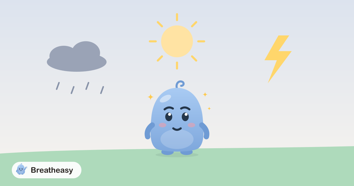 Luma sitting under a small rain cloud on one side, and next to a quick lightning bolt on the other, with a sun peeking out between them.