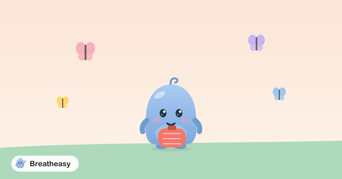 Luma holding a hot water bottle against its tummy, with little butterflies fluttering around.