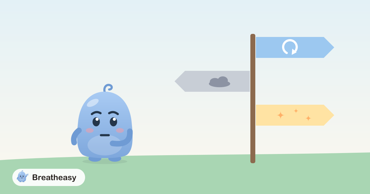 Luma standing by a signpost with three arrows: one showing a loop, one a grey worry cloud and one a few sparkles.