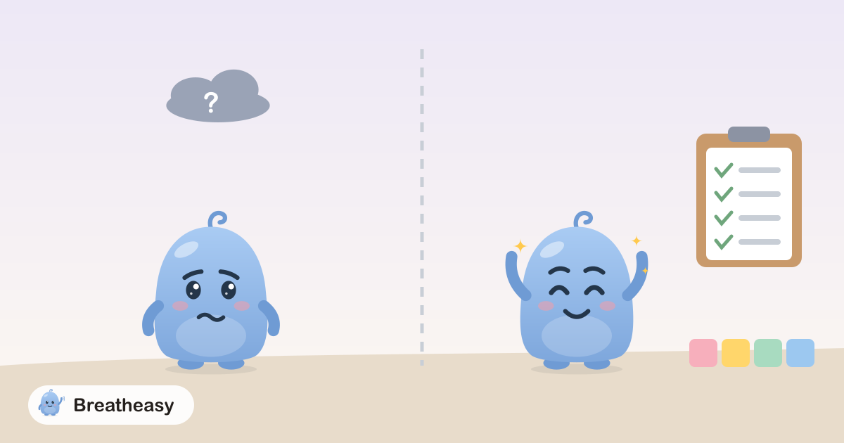 Two Lumas side by side: one worried under a grey cloud with a question mark, the other proud beside a neat row of blocks and a ticked checklist.