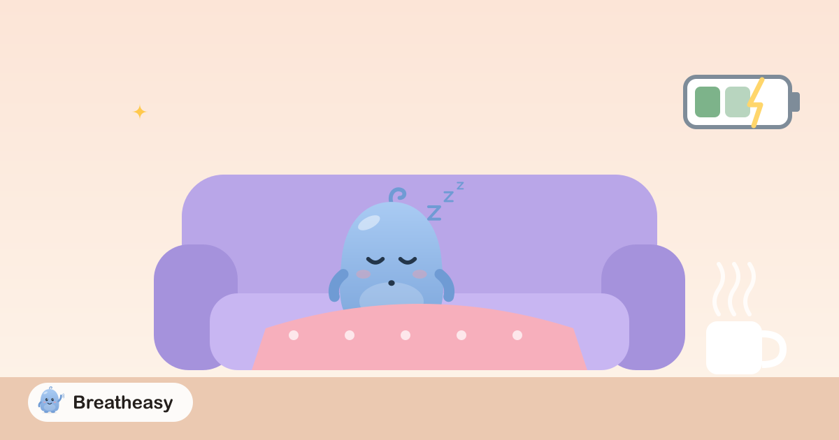 Luma curled up on a sofa under a soft blanket with a mug of tea, looking sleepy, with a small battery icon slowly recharging.