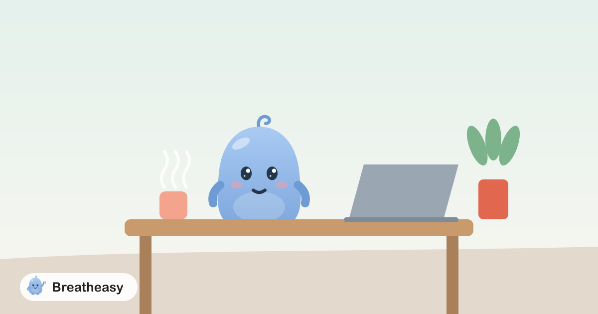 Luma at a tidy desk with a laptop, a plant and a mug, taking a calm breath during a busy day.