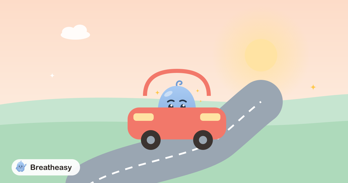 Luma driving a small car along a winding road through green hills, looking calm, with the sun ahead.