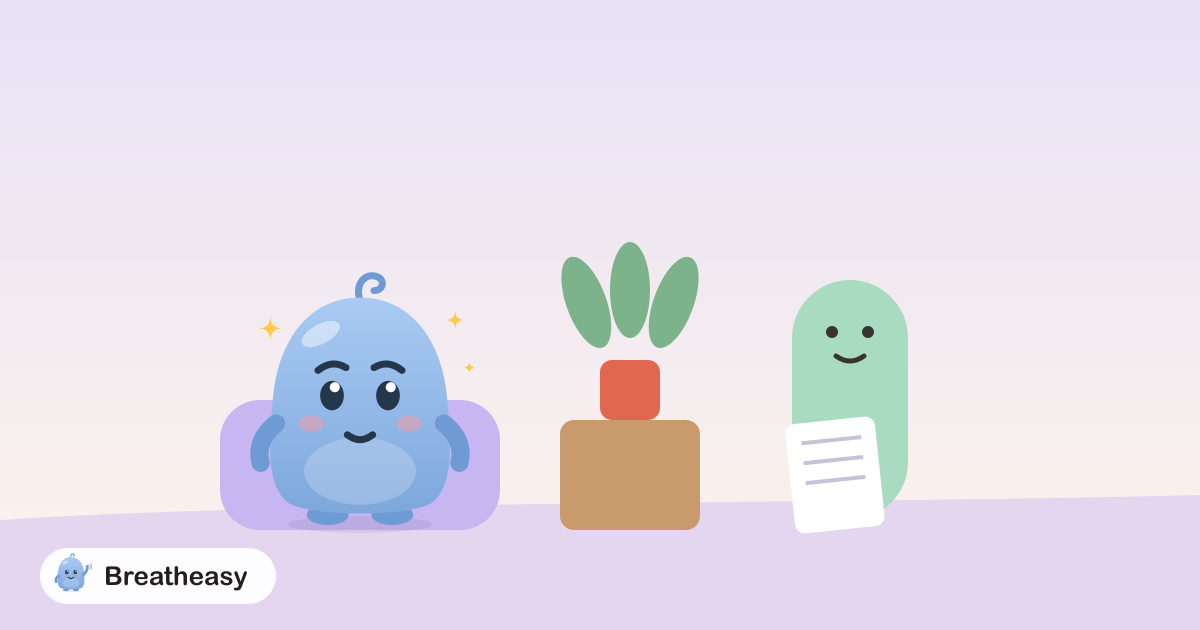 Luma sitting on a comfy chair opposite a friendly therapist, with a notebook and a plant between them.