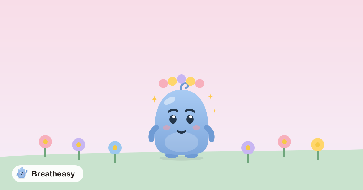 Luma wearing a little flower crown, breathing calmly in a soft pink and lavender garden.