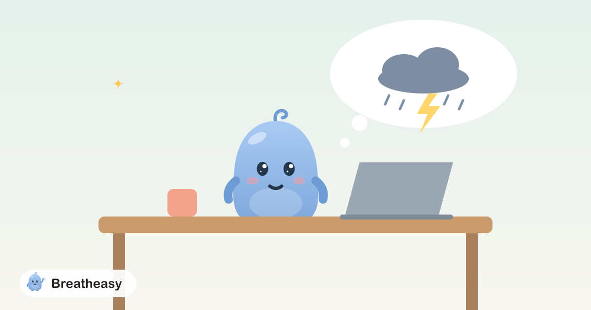 Luma sitting at a desk looking calm on the outside, with a small storm cloud and lightning hidden inside a thought bubble.
