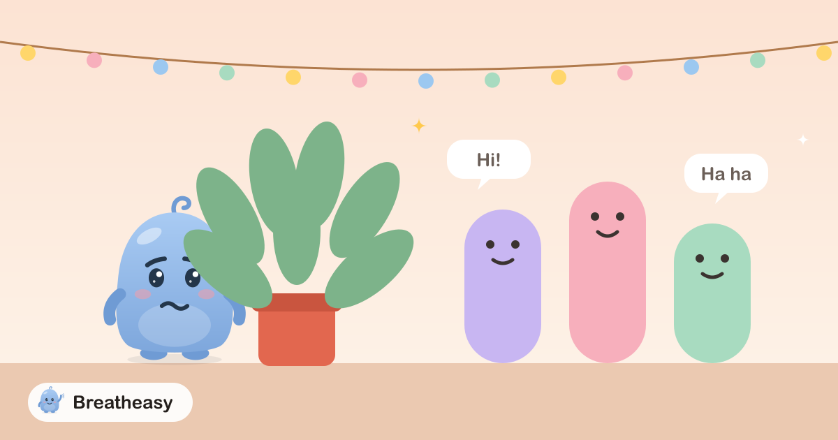 Luma peeking out from behind a big potted plant at a party, with speech bubbles floating above a group of friendly shapes.