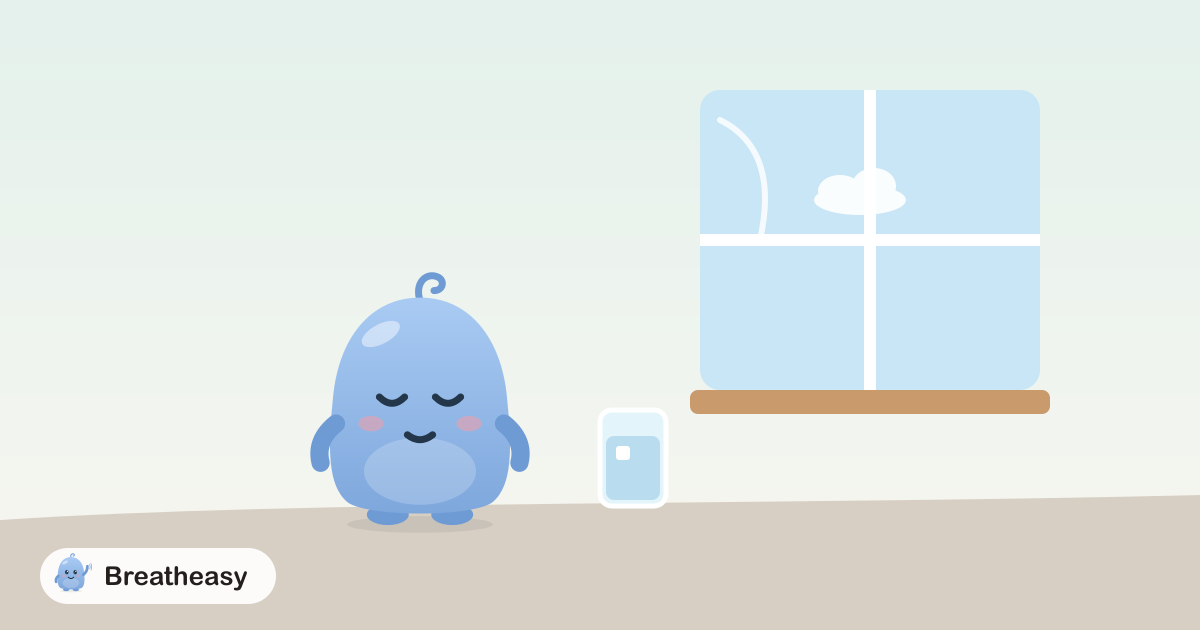 Luma sitting by an open window with a glass of cold water, taking a slow breath of fresh air.