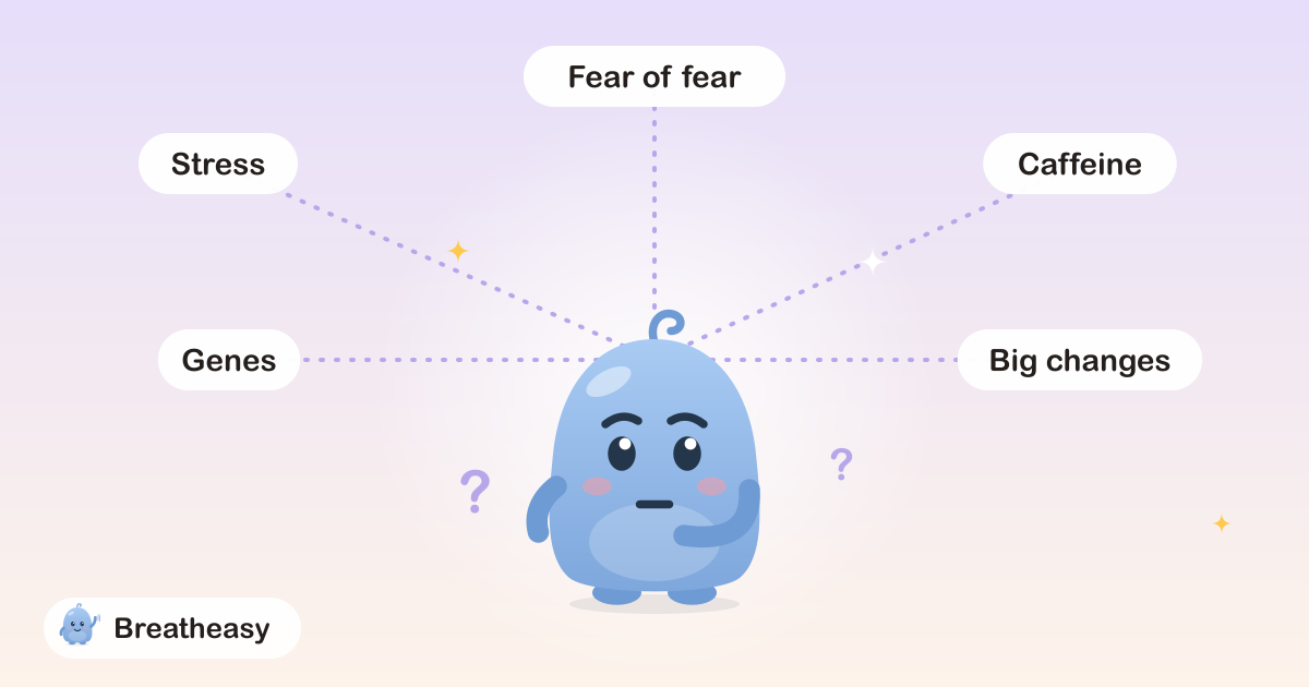 Luma thinking, surrounded by floating labels reading “Stress”, “Genes”, “Caffeine”, “Big changes” and “Fear of fear”.