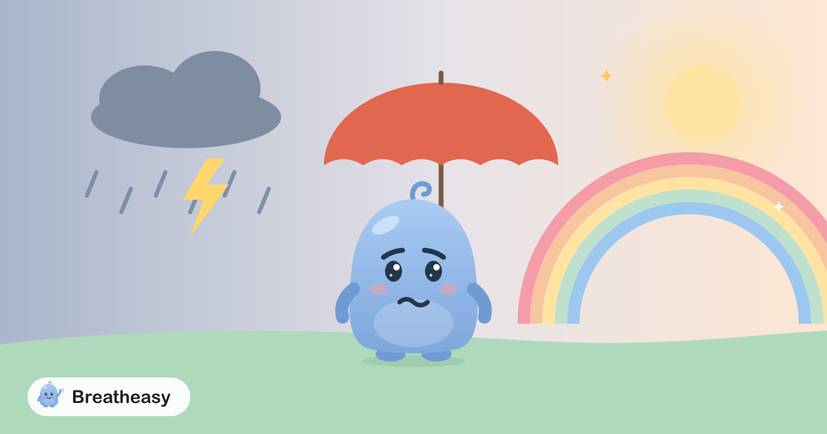 Luma holding a small umbrella as a storm cloud drifts away and the sun comes out behind a rainbow.