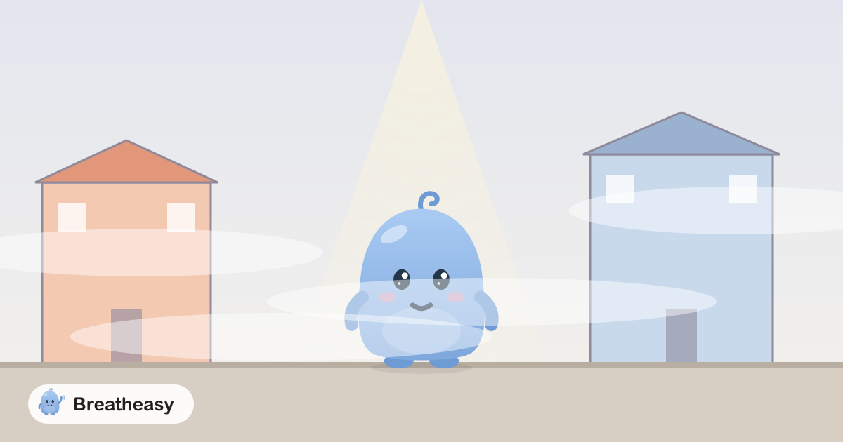 Luma standing in a street that looks like a flat painted stage set, with a soft fog drifting across it.