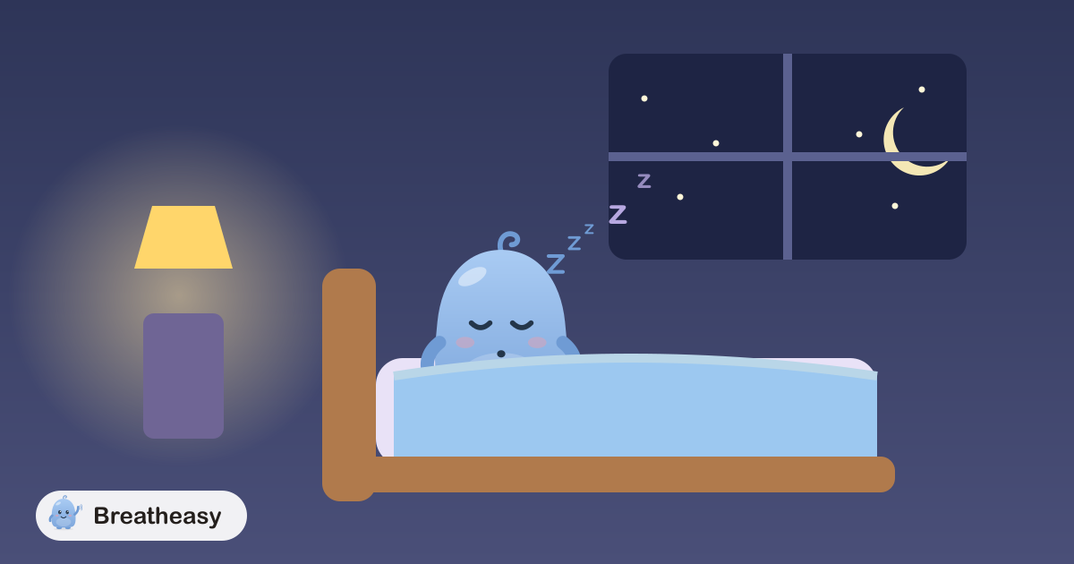 Luma tucked up in bed under a starry window, with a crescent moon and a small glowing lamp, looking sleepy and calm.