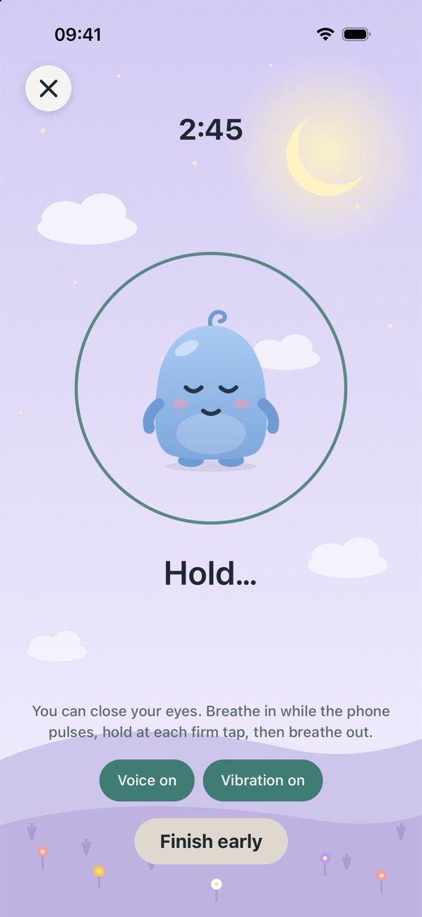 Luma holding a breath under a lilac twilight sky with a moon.