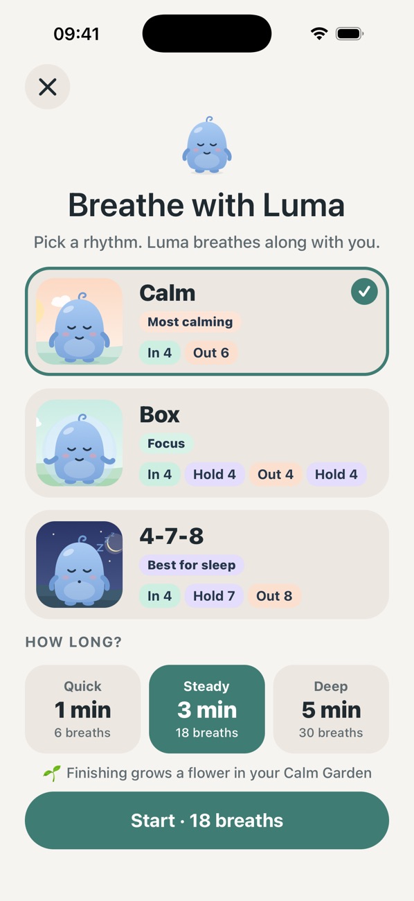 Breathe with Luma: Calm, Box and 4-7-8 rhythms as illustrated cards, with Quick, Steady and Deep lengths.