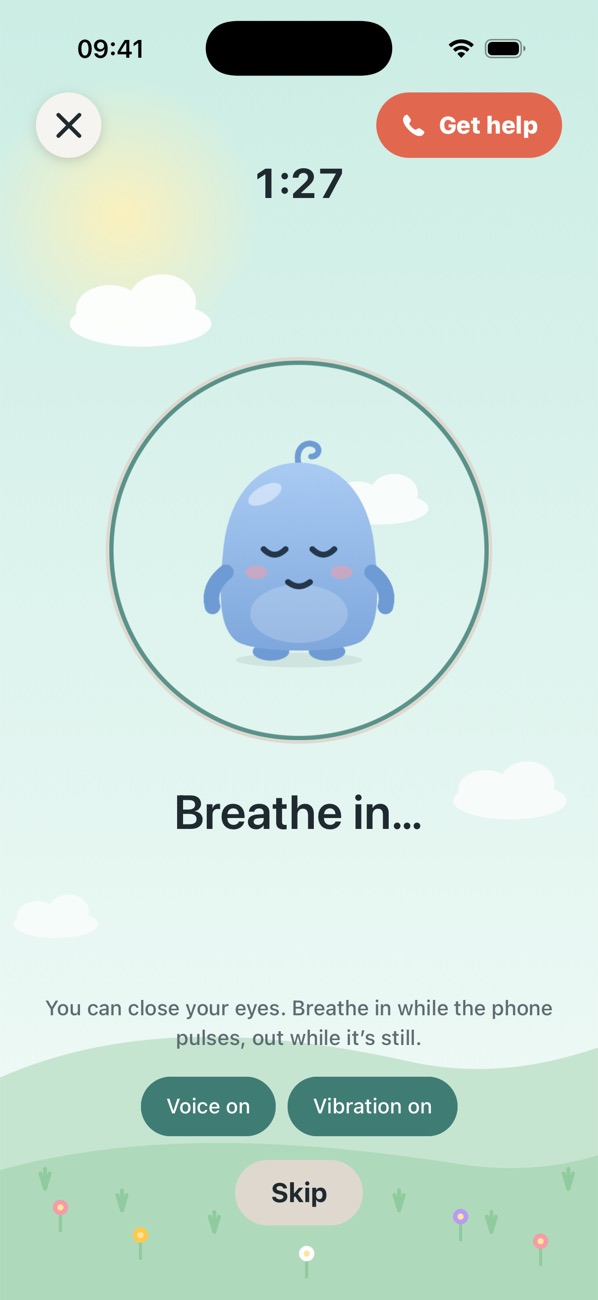 Luma breathing in a ring over a soft meadow, with “Breathe in…” underneath.