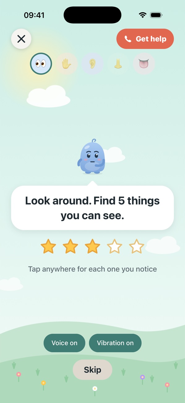 The 5-4-3-2-1 exercise: sense badges along the top, Luma asking to find 5 things you can see, and stars filling in.